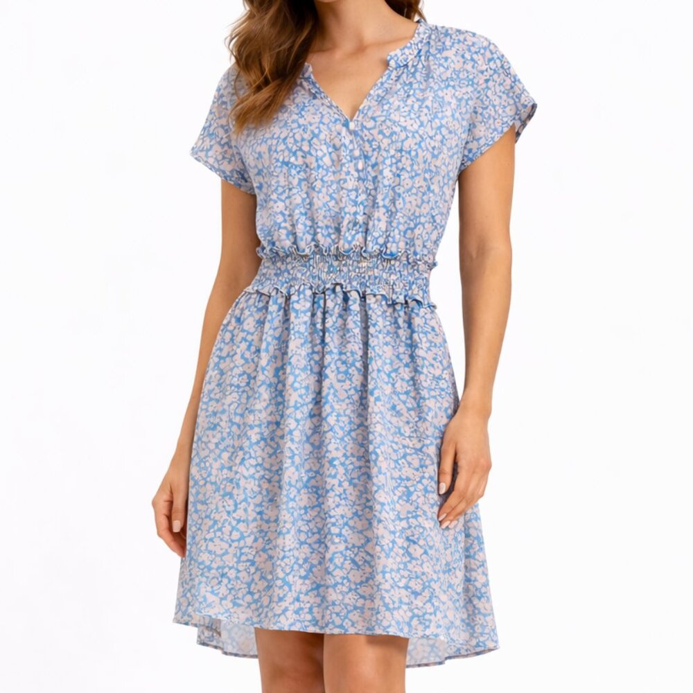 Sienna Sky Blue Pink Floral Smocked Mini Dress Boho Cottagecore Medium Peasant